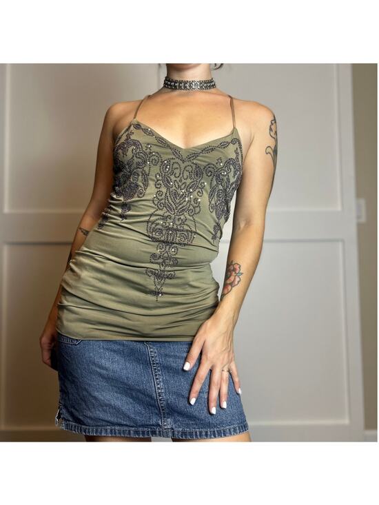 Rampage Tops - y2k going out top rampage olive green beaded bodycon dress/tank size s